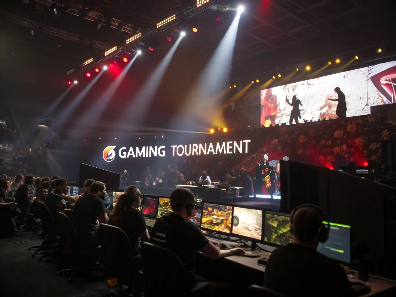 A vibrant scene from an e-sport tournament hosted by VIRTUOZ ARENA, showcasing competitive gameplay and community spirit.