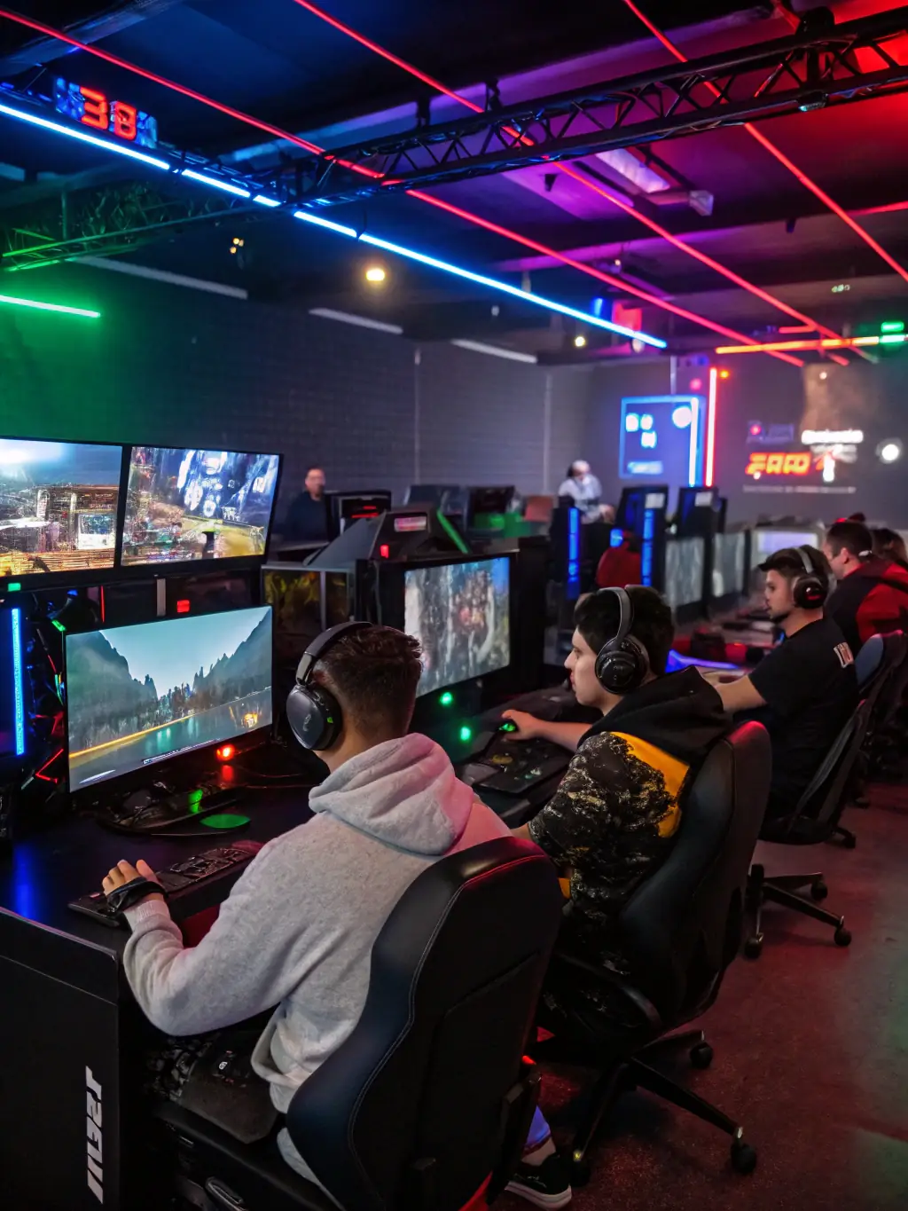 A group of diverse gamers laughing and interacting positively during a break at a VIRTUOZ ARENA gaming event, showcasing the social connection aspect.