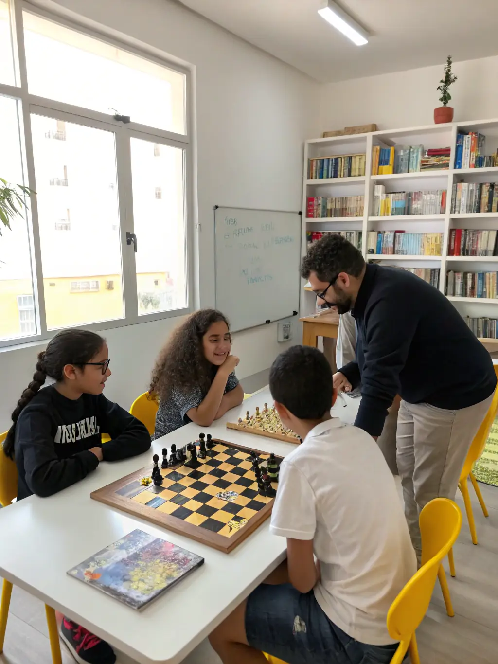 A diverse group of participants are gathered around a table, learning to play a strategic board game at a VIRTUOZ ARENA workshop.