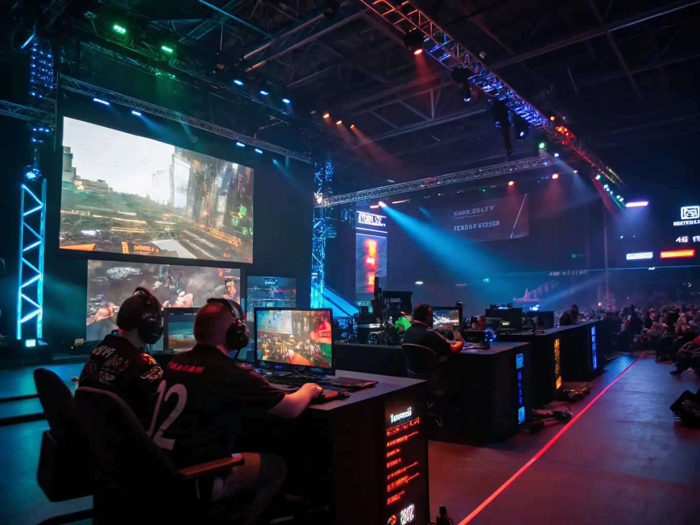 A dynamic image of an e-sport tournament, showcasing players intensely focused on their screens, with a large audience watching and cheering in the background.