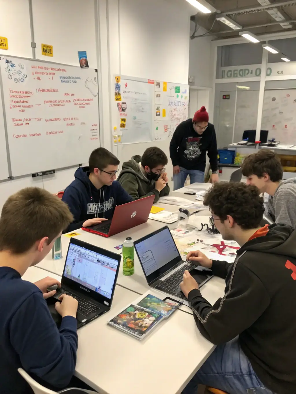 A diverse group of participants collaborating on a gaming project at a VIRTUOZ ARENA event, showcasing the inclusive and collaborative environment.