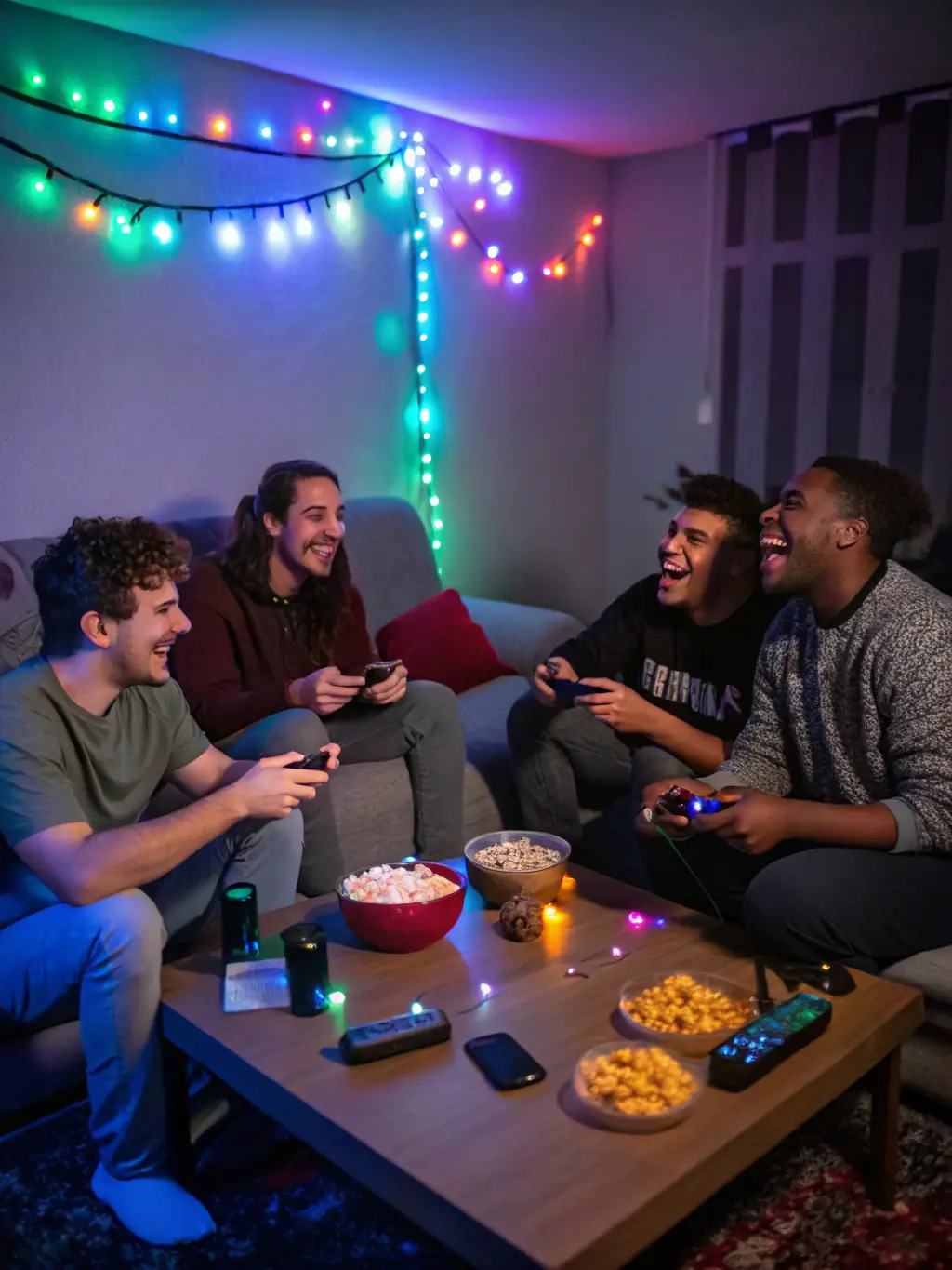 A group of young adults are enthusiastically playing a cooperative video game at a VIRTUOZ ARENA event, showcasing teamwork and social interaction.