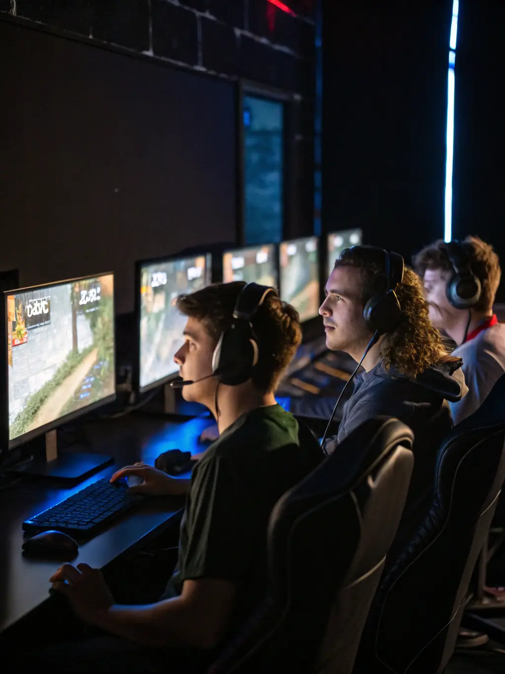 A group of gamers are competing in an e-sport tournament at VIRTUOZ ARENA, demonstrating skill, sportsmanship, and community spirit.