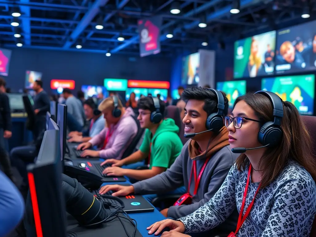 A diverse group of gamers participating in an e-sport tournament at VIRTUOZ ARENA, highlighting the organization's commitment to inclusivity and community building.