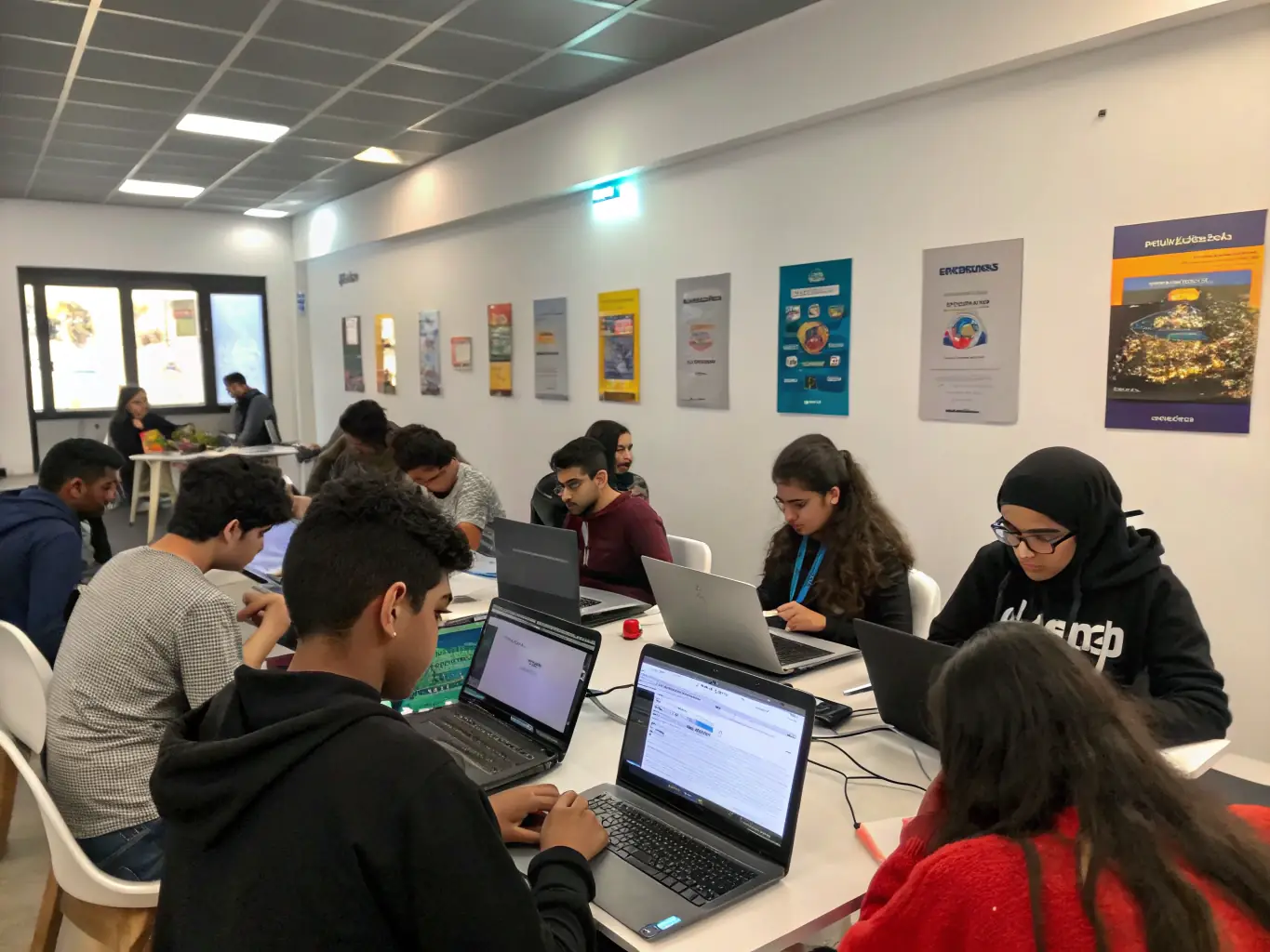 An action shot of a diverse group of young adults participating in a gaming workshop, focused on learning new strategies and techniques, set in a modern, tech-equipped room.