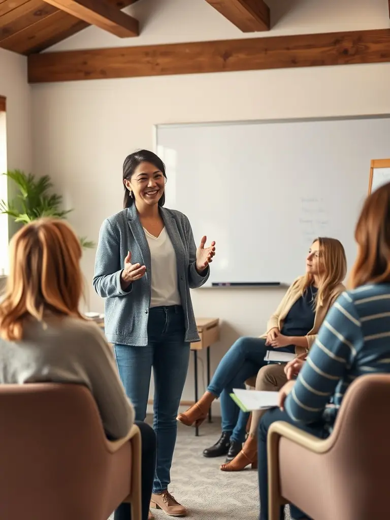 A counselor leading a workshop on responsible gaming habits and addiction prevention at a VIRTUOZ ARENA event, emphasizing the organization's commitment to well-being.