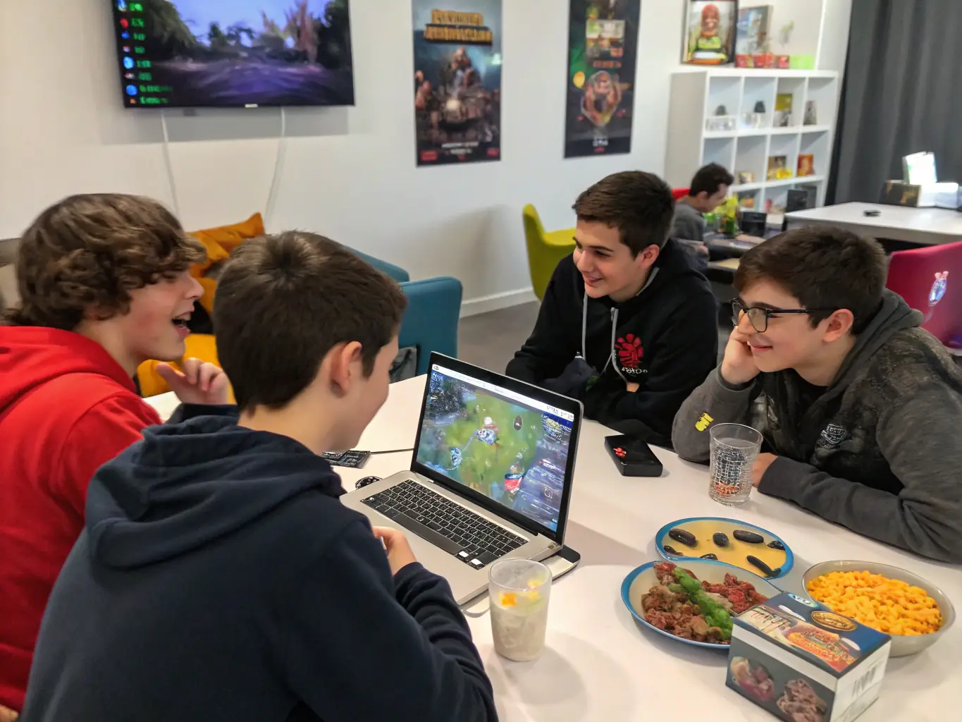 A group of young adults laughing and strategizing together during a VIRTUOZ ARENA gaming session, showcasing teamwork and social interaction.