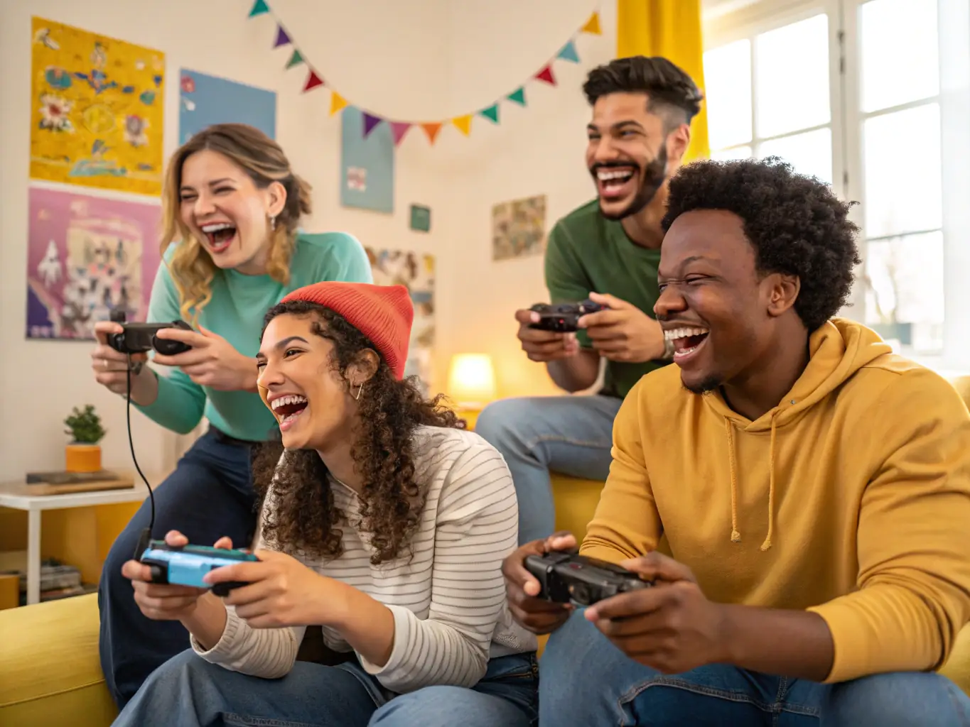 A vibrant photo of a social gathering at VIRTUOZ ARENA, featuring people of different ages and backgrounds laughing and interacting while playing video games.